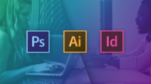 Graphic Design Masterclass image with Photoshop, Illustrator and InDesign logos