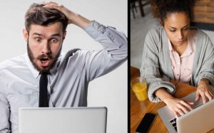 Frustrated man and calm woman learning how to program